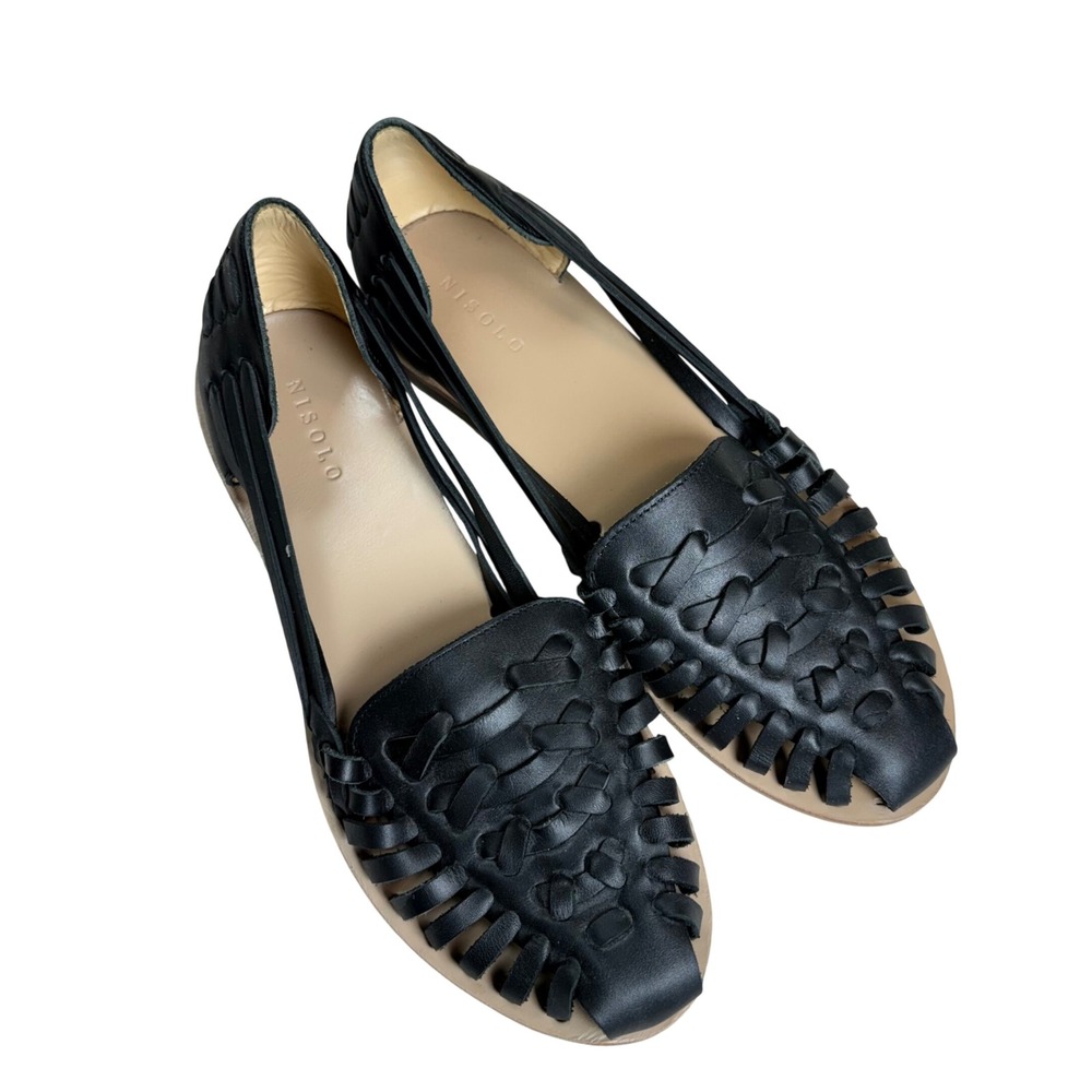 Nisolo Black Woven Leather Huarache Sandals Womens Size 9.5 Flat Shoes Boho Chic